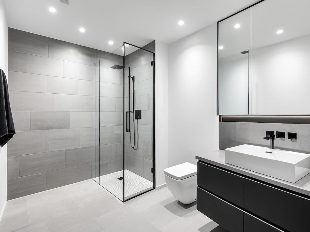 Modern Walk In Shower With Grey Brick Tiles